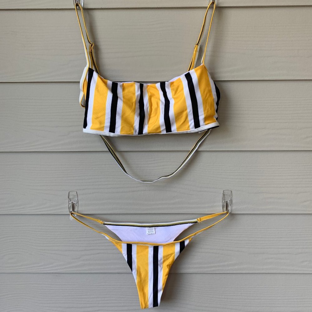 Yellow White & Black Striped Thong Bikini Set